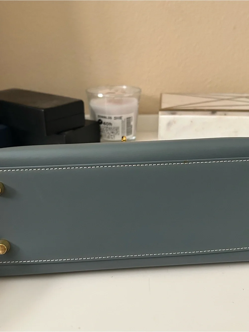 25cm Gold on Slate Blue Box Leather Top-Handle Satchel KL Style